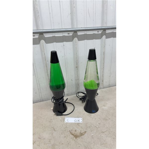 Pair of Lava Lamps with Black Bases and Green Wax, Set of 2