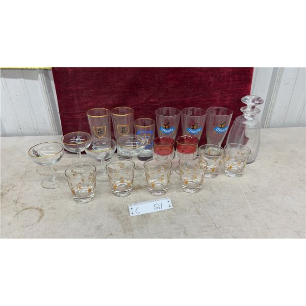 Vintage Glassware Lot: O'Keefe Beer Glasses, 1953 QEII Coronation Glass, Decanter