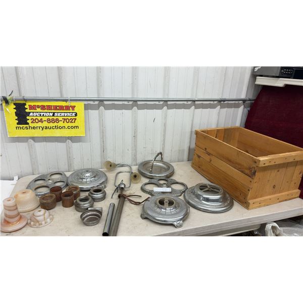 Vintage Ashtray Parts with Wooden Crate, Based, Glass Shades, Pots