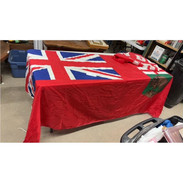 Two Flags: Manitoba Provincial, 105 × 48” and "In Bob We Trust" 72 × 48”