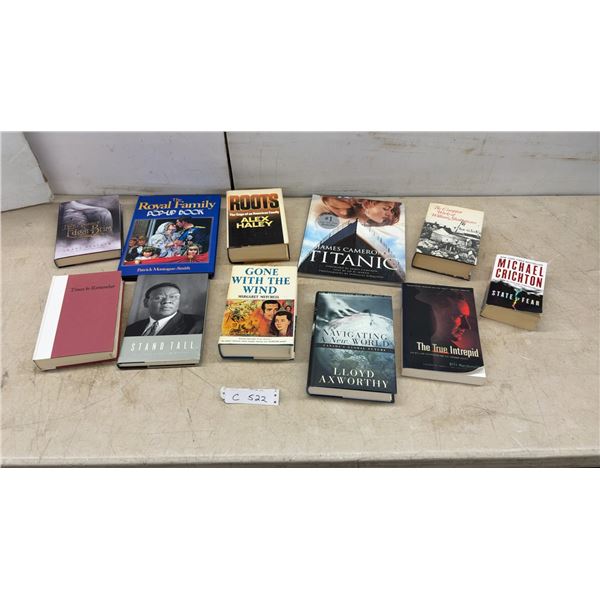 Lot of 11 Books Including Roots, Titanic, Gone With the Wind, Shakespeare, State of Fear