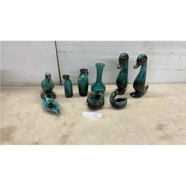 Blue Mountain Pottery Green Drip Glaze Ducks, Swans, Vases, Pitchers, and Leaf Dish
