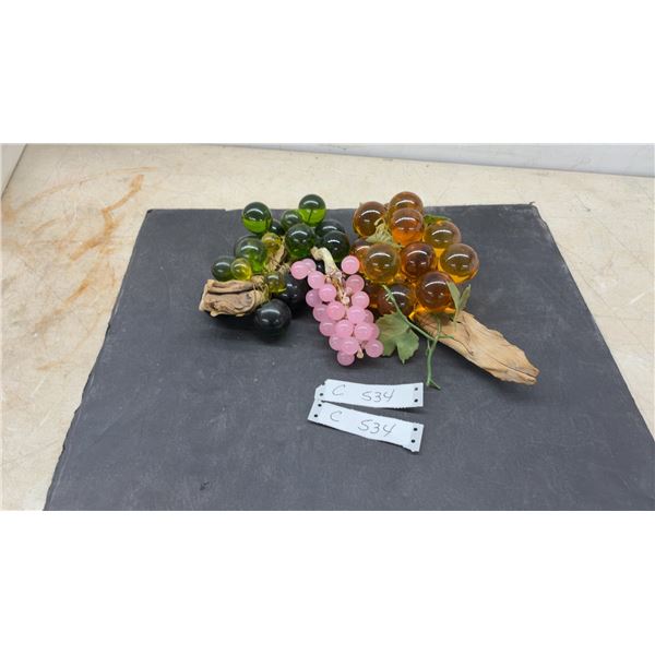 Vintage Lucite Grape Cluster Décor on Driftwood in Amber, Green, and Pink, Set of 3