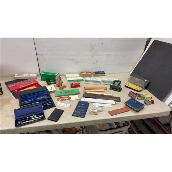 Vintage Drafting Tools, Grip-Line Rubber Type Sets, Slide Rules, Compass Sets, Erasers
