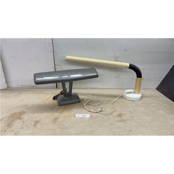 Vintage Fluorescent Desk Lamps, Grey Metal and Beige Gooseneck With Push-Button Base