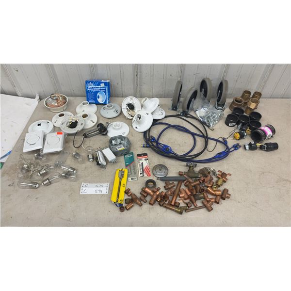 Assortment of Electrical Fixtures, Copper Fittings, Casters, Light Switches, Makita Drill Bit