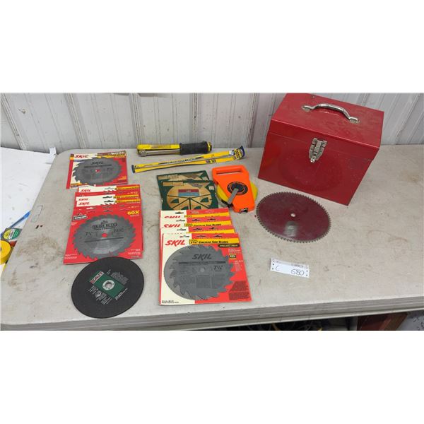 Circular Saw Blades, Lufkin 30m/100' Tape, Hammer Tacker, Irwin Speedbor Bit, Red Toolbox
