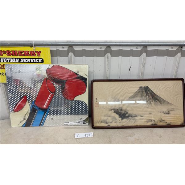Framed Japanese Mountain Ink Wash Painting and IKEA Finnsjön Pop-Art Lipstick Print- Largest