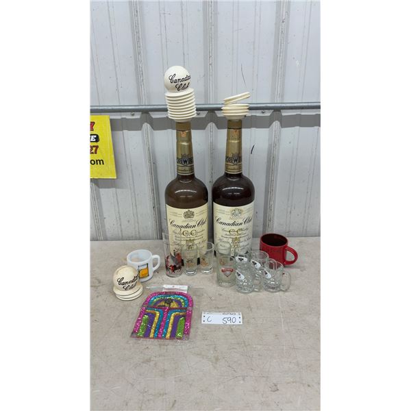 Vintage Canadian Club Whisky Display Bottles with Dispenser, Shot Glasses, Mini Mugs