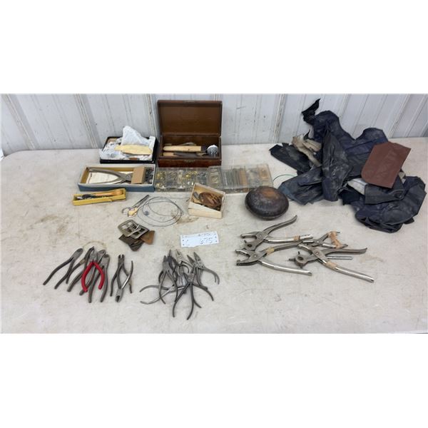 Leatherworking Tools Lot: Revolving Punch Pliers, Cutters, Buckles, Hardware