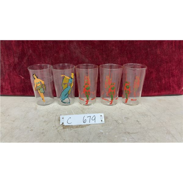 Novelty Glass Tumblers Including Robin Hood and Pin-Up Girls, Set of 5