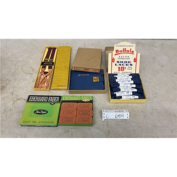 Eberhard Faber Van Dyke Soft Ink Erasers, Buffalo Shoe Laces, Horn Autograph Album, and Currie