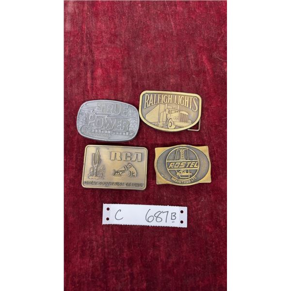 Four Vintage Belt Buckles: Marantz, Raleigh Lights, RCA Southwest Getaway and Rostel Industries