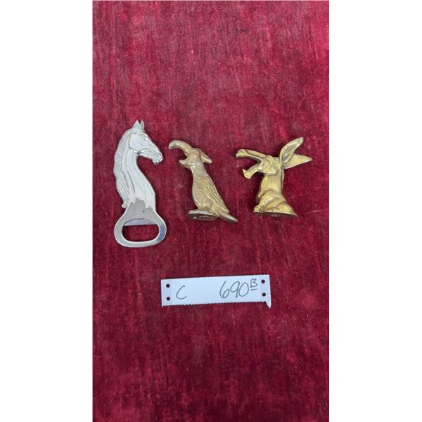 Bottle Openers: Chrome Horse Head, Brass Parrot and Donkey