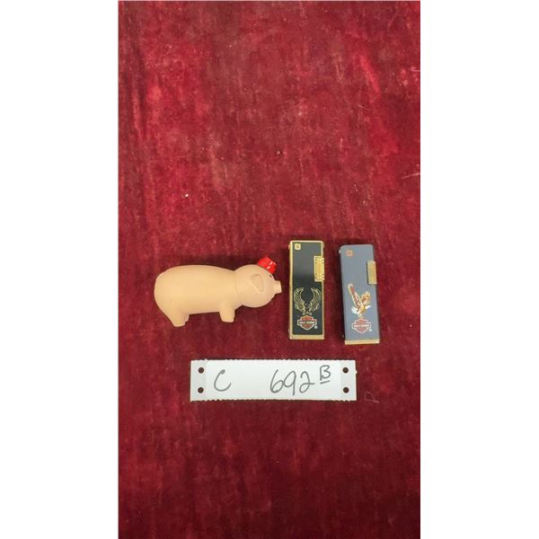 Pig-Shaped Novelty Lighter and Two Harley-Davidson Eagle Butane Lighters