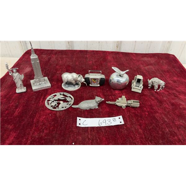 Pewter Figurines Including Statue of Liberty, Empire State Building, Bear, Bison, Timex Boombox