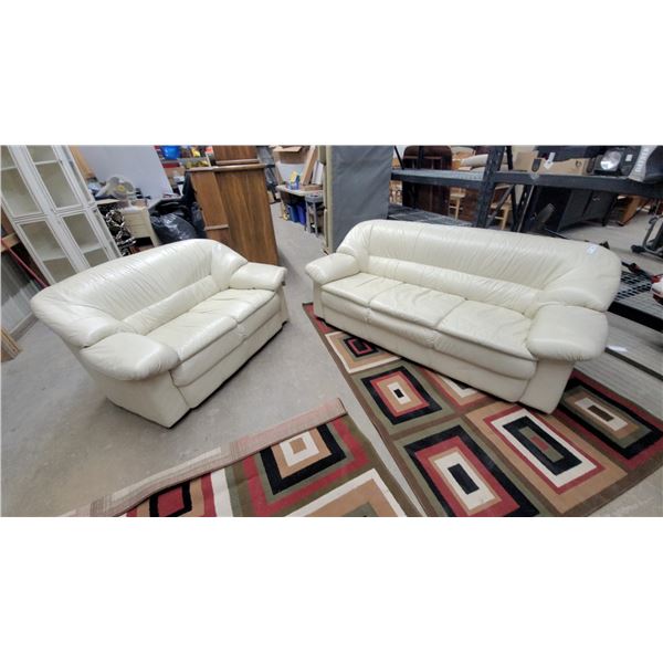 Pair of Cream Leather-Style Overstuffed Sofas with Pillow-Top Back Cushions
