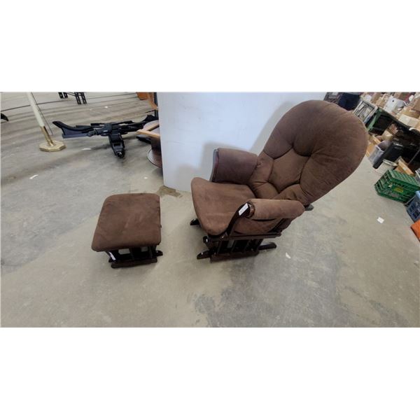 Brown Upholstered Glider Chair with Matching Gliding Ottoman