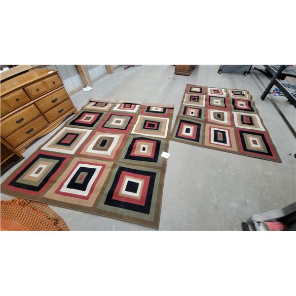 Pair of Matching Geometric Area Rugs with Concentric Square Pattern in Red, Black, and Olive