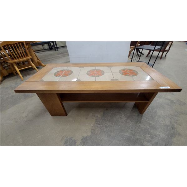 Wooden Coffee Table with Orange and Grey Floral Tile Top and Lower Shelf 20”×26”×28”