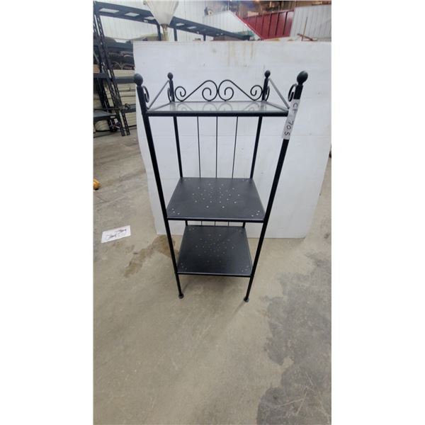 Black Metal Three-Tier Etagere Display Shelf with Glass Top and Scrollwork Design 40”×15”×15”
