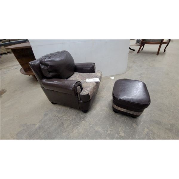 Brown Faux Leather and Camouflage Child's Armchair and Ottoman Set