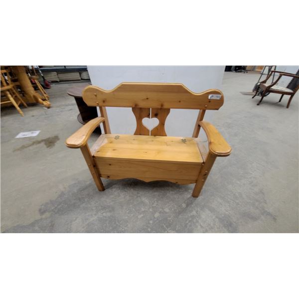 Child's Rustic Pine Wooden Storage Bench with Armrests and Heart-Shaped Cutout Backrest 32”