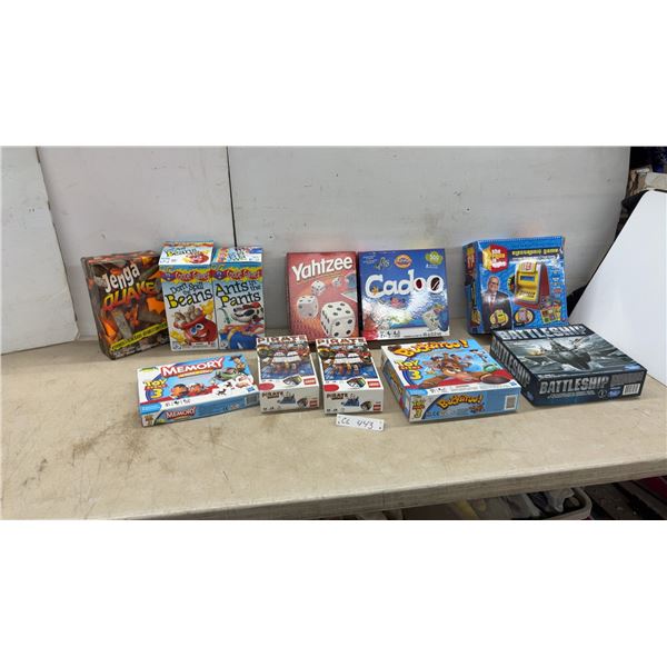 Assortment of Board Games Including Jenga Quake, Yahtzee, Battleship, Buckaroo