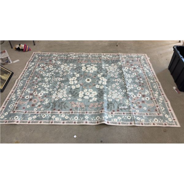 Floral Area Rug with Light Blue-Green Background, White, Pink, and Brown Flowers with Border