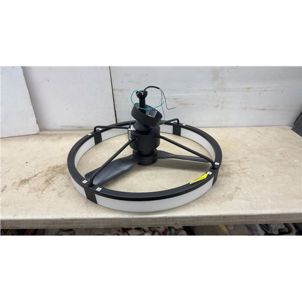 Modern Black Low-Profile 3-Blade Ceiling Fan with Circular LED Light Ring, Approximately 28”