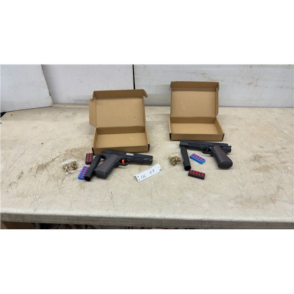 Two Colt M1911-Style Foam Ejection Toy Blasters with Suppressors, Cartridges, and Foam Projectiles