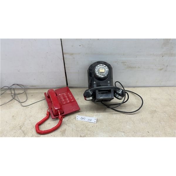 Vintage Manitoba Telephone System Red Push-Button Desk Phone and Western Electric 554 Rotary Wall