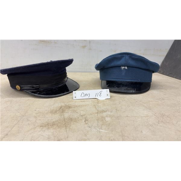 Two Vintage Uniform Visor Caps, Dark Blue and Light Blue With Black Visor