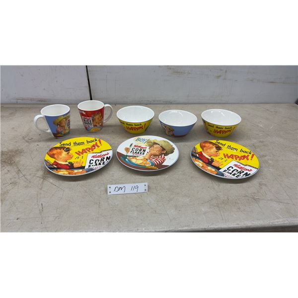 Vintage Kellogg's Corn Flakes and Rice Krispies Ceramic Tableware Set, 2 Mugs, 3 Bowls and 3 Plates
