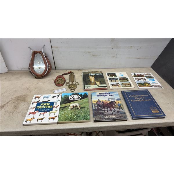 Horse Collar and Hames Wall Clock, Horse Brasses, and Assorted Horse Books