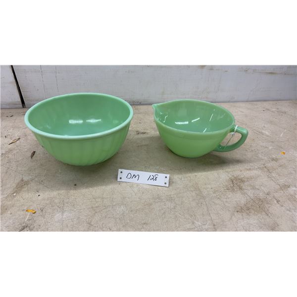 Fire-King Jadeite Swirl Mixing Bowl and D-Handle Batter Bowl, Late 1940s-1960s