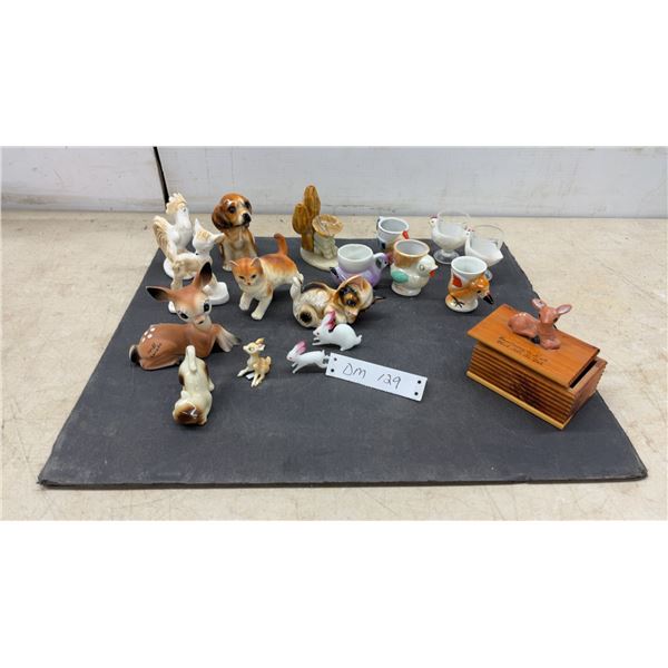 Vintage Animal Figurines, Egg Cups, and Bear Country U.S.A. Black Hills Souvenir Cedar Box