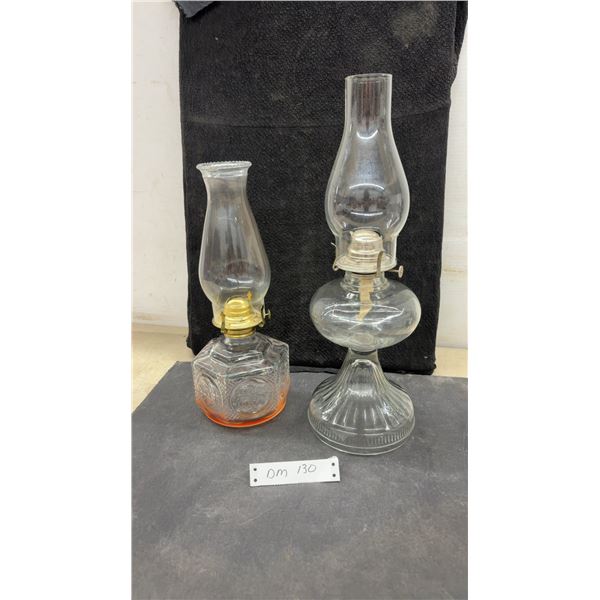 2 Antique Clear Pressed Glass Pattern Oil Lamp With Brass Burner and Chimney, Tallest 18”