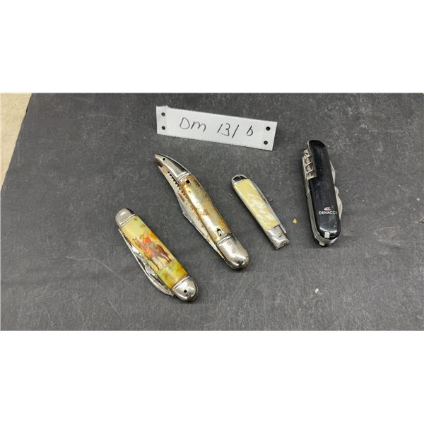 Vintage Pocket Knives Including RCMP Canada, Fish Knife, Pen Knife and Denacci Multi-Tool