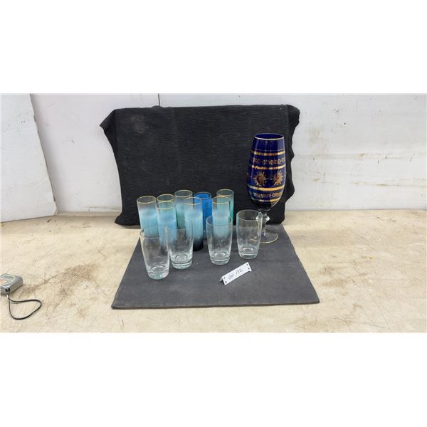 Mid-Century Glassware Including Ombre Tumblers, Etched Starburst Glasses, and Bohemian Goblet