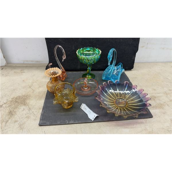 Assorted Carnival Glass: Three Swan Dishes, Pedestal Bowl, Basket, and Vase