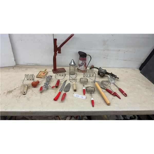 Vintage Dazey Cast Iron Cherry Pitter, Potato Mashers, Egg Beater, Grinder