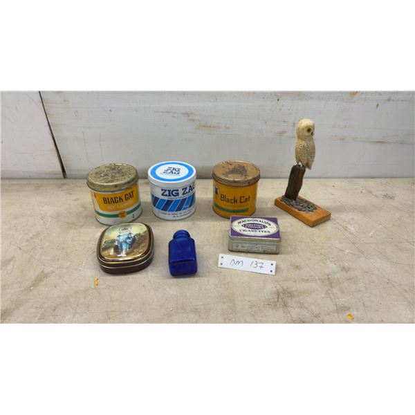 Black Cat and Zig Zag Tobacco Tins, Macdonald's British Consols Tin, Owl Figurine