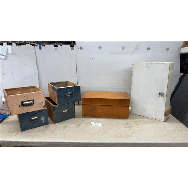Vintage Wooden Storage Lot: Medicine Cabinet, 22 × 14 × 6”, Lidded Specimen Box, 8 1/2 × 10 × 19