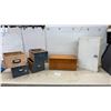Image 1 : Vintage Wooden Storage Lot: Medicine Cabinet, 22 × 14 × 6”, Lidded Specimen Box, 8 1/2 × 10 × 19
