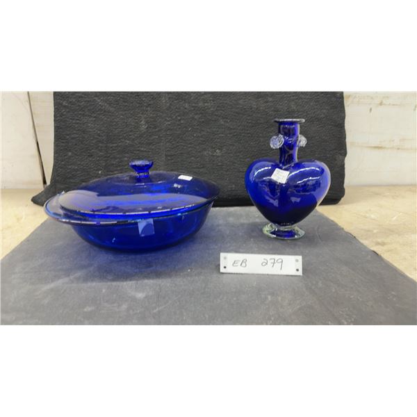 Hand Blown Cobalt Blue Glass Heart-Shaped Vase and Casserole Dish with Lid
