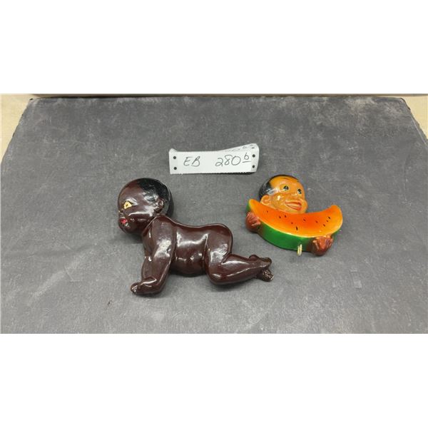 Vintage 1949 Chalkware Black Americana Wall Hangings, Crawling Baby and Watermelon Hook