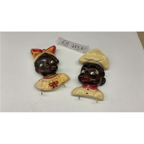 Pair of Vintage Black Americana Chalkware Chef and Girl Wall Hooks