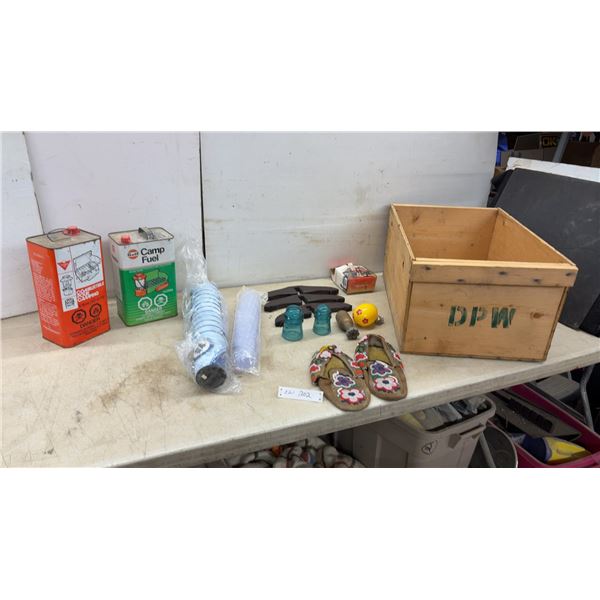 Vintage Camp Fuel Tins, Beaded Moccasins, Insulators, Jets Glasses, DPW Crate