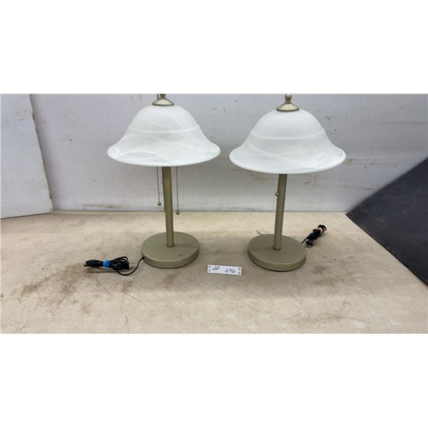 Pair of Traditional Brushed Gold Table Lamps with Alabaster Frosted Glass Bell Shades, 22” High